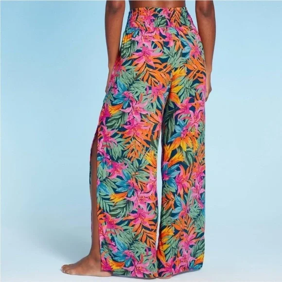 Women's Smocked Waist Side Slit Cover Up Pants - Multi Tropical
Floral Print - Picture 2 of 8